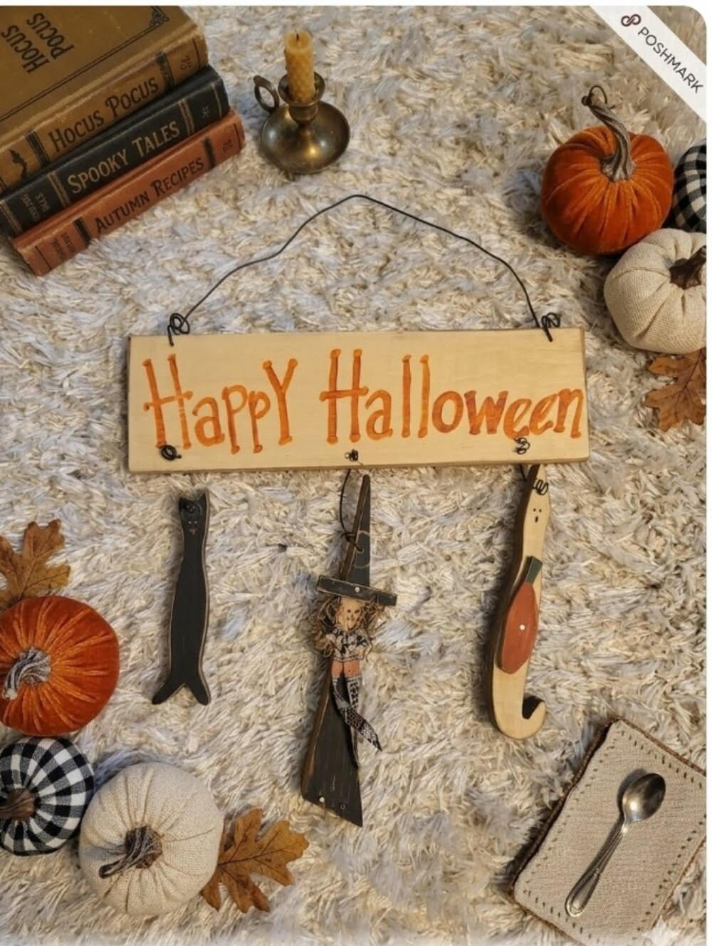 Vintage Wooden Happy Halloween Hanging Sign Plaque Witch, Cat, Ghost Wood Y2k